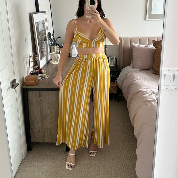 Yellow striped matching set, wide leg pant and bra top festival outfit - Picture 2 of 11